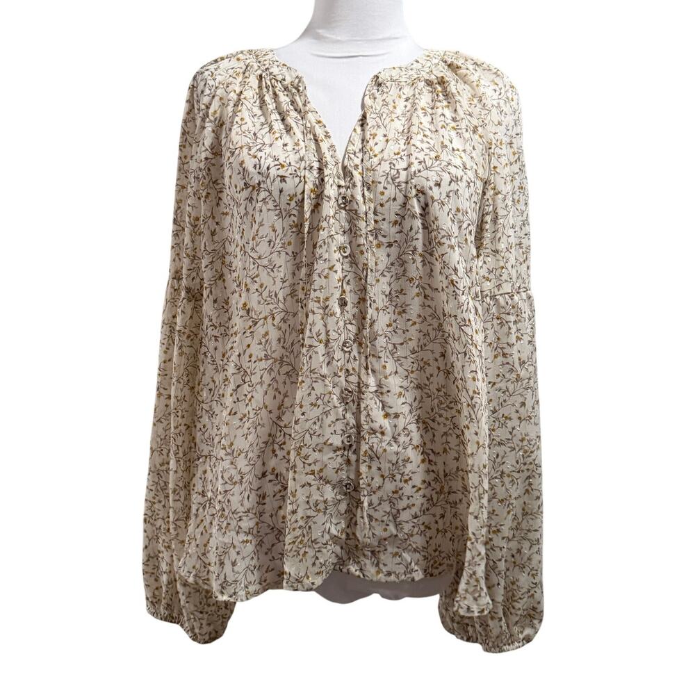 NWT Blu Pepper Ivory Floral Long Sleeve Peasant Blouse Large Cottagecore Flowy